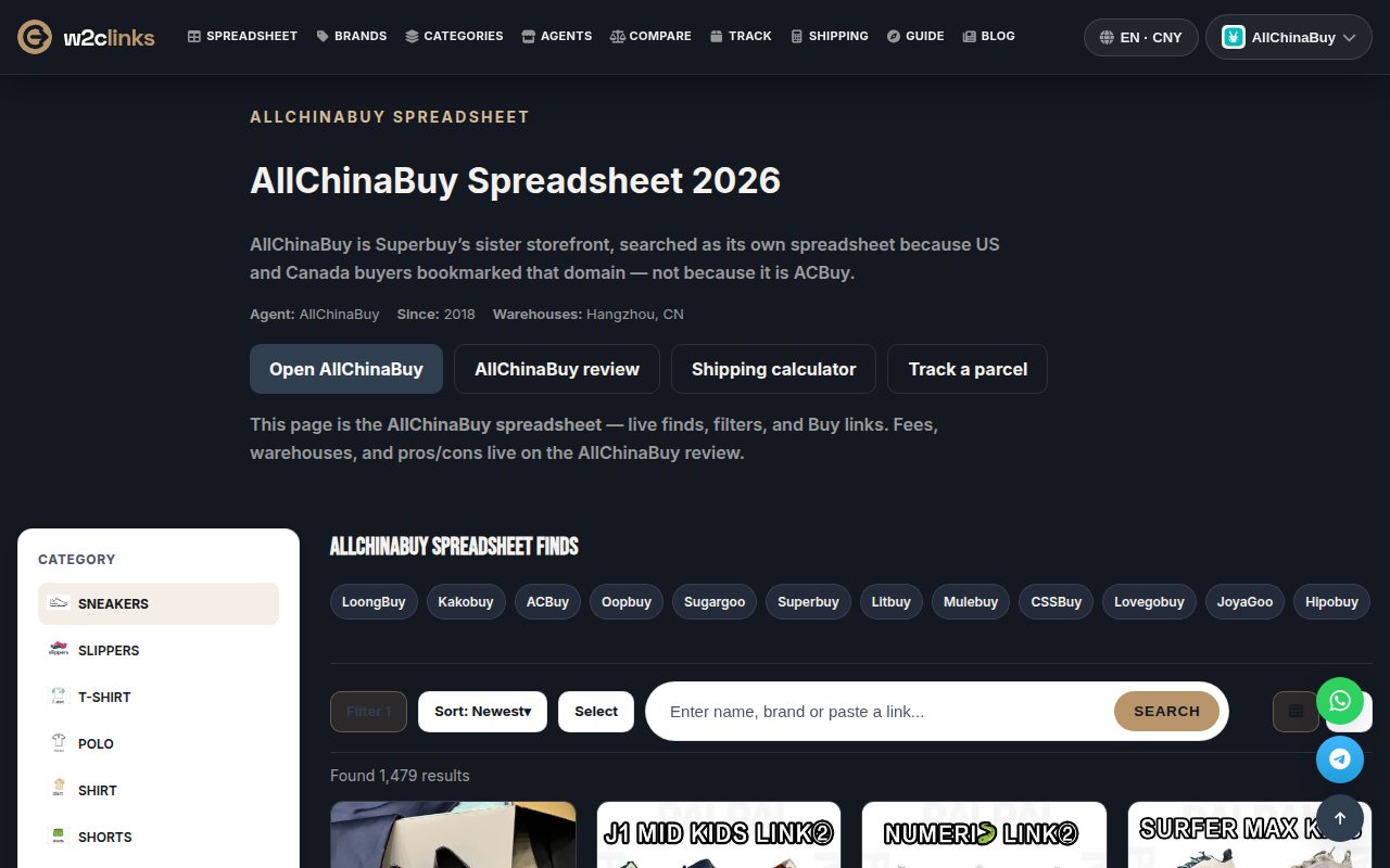 AllChinaBuy catalogue on w2clinks: product cards with photo, brand and reference price
